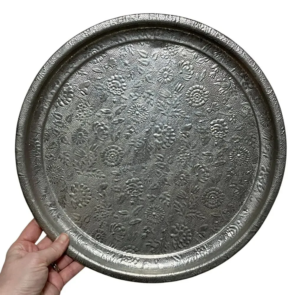 Textured Tea Tin Round Platter Tray Silver Tone 13in Vintage Floral Relief